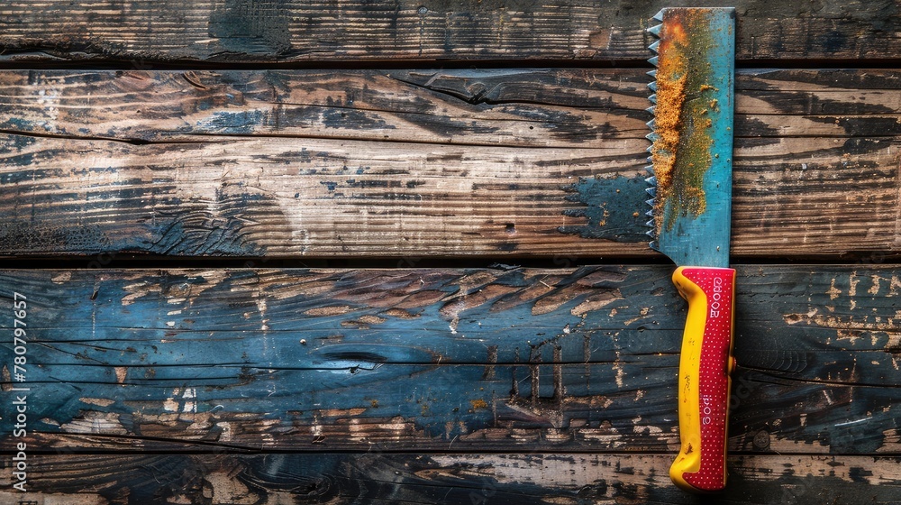 Poster top view of a saw with a colorful handle against a rustic wooden backdrop