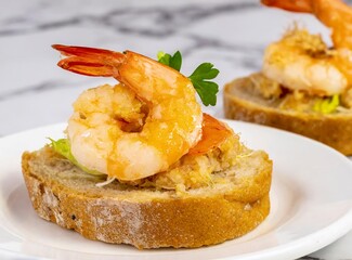 Shrimp on toast. Mediterranean Cuisine.