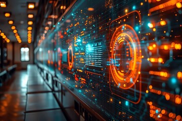 Futuristic digital interface inside a data center
