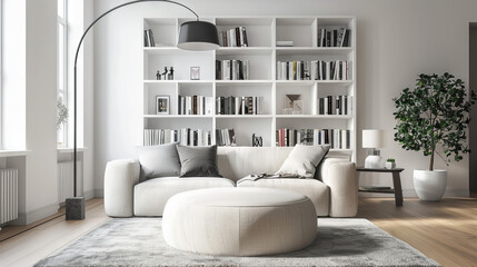 Luxurious Scandinavian Living Room with White Built-In Bookcases, Plush Chaise Lounge, Modern Floor Lamps, and Minimalist Wall Shelves
