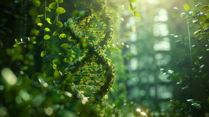 The essence of green DNA in an abstract sustainable design, projecting the advancements and ethical considerations in genetic modification and biotechnology