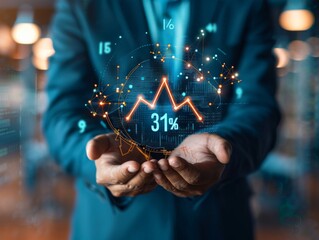 Visual of a businessman holding a graph indicating growth and a percent symbol, highlighting increased interest rates, dividends, and long-term investment returns for retirement planning - obrazy, fototapety, plakaty