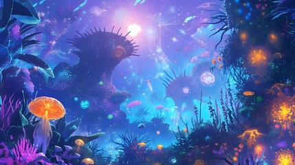 Fototapeta na wymiar Bioluminescent Underwater Alien Fantasy Landscape with Glowing Vibrant Colorful Celestial Elements
