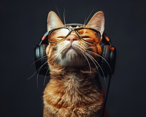 Whimsical image of a CAT with stylish podcast headphones, a playful nod to music enthusiasts, set against a black background