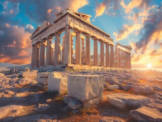 Ancient Greek Parthenon ruins under the captivating hues of a sunset, crowning the Acropolis of Athens with timeless grace - obrazy, fototapety, plakaty