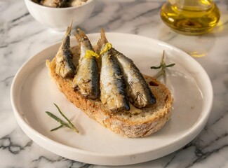 Bread toast with sardines. Tasty Mediterranean snack.