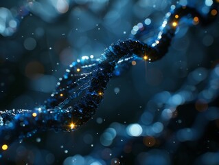 Close-up on double-stranded DNA molecules in a dark setting, showcasing the intricate details visible under lab microscopes, pivotal for health care and biotechnology fields