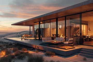 Foto op Canvas Contemporary desert home at dusk with open patio, infinity pool, and warm ambient lighting, offering a luxurious, secluded retreat. © Alexandra