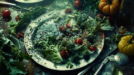 Contaminated food imagery, illustrating the danger of meal poisoning and illness caused by toxic bacterial infestations - obrazy, fototapety, plakaty