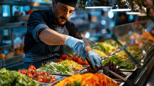 Chef in protective gloves artfully composing a salad at the restaurant's food bar, showcasing culinary hygiene and skill