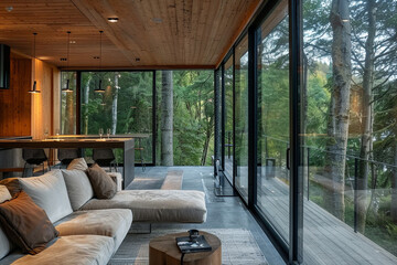 Living room in the modern house with panoramic glass windows and flat roof in minimalistic style with  forest view.  Natural colors. silent atmosphere.AI generated