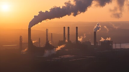 Dramatic Industrial Sunset Skyline Highlighting Environmental Concerns and Sustainability Challenges
