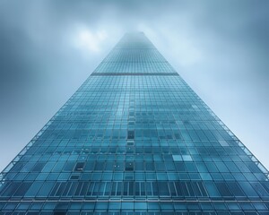From directly below, the imposing beauty of a glass skyscraper in Barcelona reaches skyward,...