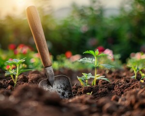 Gardening moment captured with a spade nestled in a flower bed, readying the soil for planting on a sunny summer evening, serves as a horticultural banner backdrop with space for text - obrazy, fototapety, plakaty