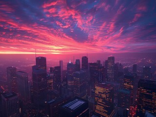 Obraz premium From the skyscraper's top, witness dusk's gentle descent over the city, a personal perspective of serene transition