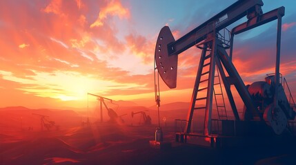 Dramatic Sunset over Fossil Fuel Extraction Landscape with Mountain Backdrop - obrazy, fototapety, plakaty