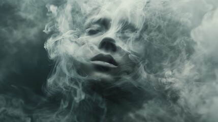 ethereal portrait of a woman shrouded in dreamy smoke and mist, abstract smokey illusion wrapped around a serene feminine face