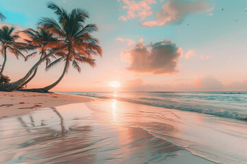 A Serene Tropical Beach at Sunset with Slender Palm Trees and Reflective Shoreline