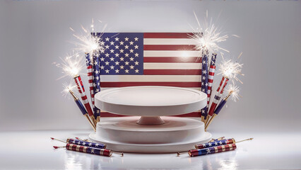Pedestal / Podium for Product Presentation with American Flag and Fireworks. Concept for United States Independence Day.