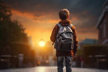 Back view of a young boy with a backpack walking towards a sunset in a quiet urban street, symbolizing hope, education, and the journey of growing up.