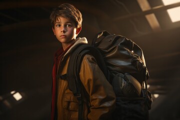 Fototapeta premium Portrait of a thoughtful young boy with a backpack standing outdoors, with warm sunlight illuminating his face, depicting youth and education themes.