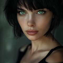 Close-up portrait of a beautiful young brunette woman in a dark dress with short hair
