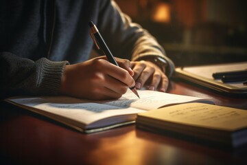 Close-up of a person's hands writing in a notebook with a pen, illuminated by warm light, suggesting a cozy atmosphere of studying, working, or journaling.