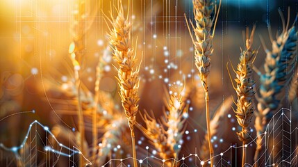 Double exposure of wheat ears, seeds, and financial graphs symbolizing the intersection of agriculture and economy, ideal for investors and agricultural stakeholders. - obrazy, fototapety, plakaty