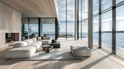 Luxurious Scandinavian Living Room with Breathtaking Ocean View, Floor-to-Ceiling Glass Walls, Light Wood Floors, and Minimalist Decor
