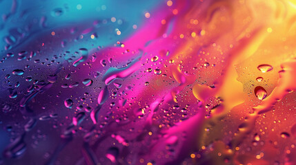 Abstract rainbow color backdrop with oil drops and waves on water surface under vivid colored rainbow neon light. futuristic high colored tech style fantasy dramatic background.