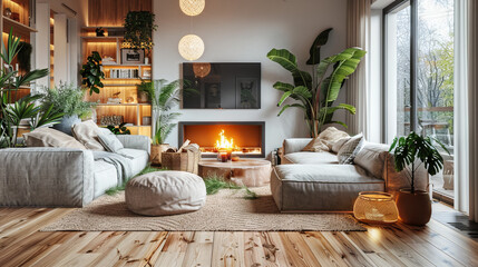 Luxurious Scandinavian Living Room Featuring a Spacious Entertaining Area, Modern Gas Fireplace, Light Wood Flooring, and Indoor Plants
