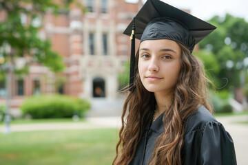 Young woman in graduation attire stands before an academic building, embodying achievement and potential.