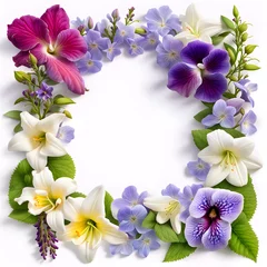  Square image of elegant lavender jasmine lily hollyhocks pansy and periwinkle flowers border frame © Spring of Sheba