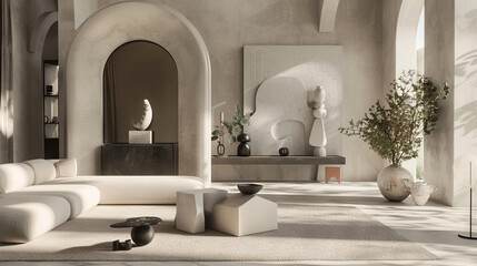 Luxurious Scandinavian Living Room Showcasing a Monochromatic Color Scheme, High-End Furniture, Abstract Sculptures, and Potted Plants
