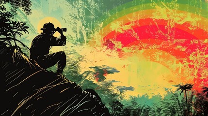 Japanese rainbow art design of a hunter watching his distant target through binoculars