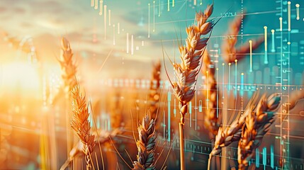 Double exposure of wheat ears, seeds, and financial graphs symbolizing the intersection of agriculture and economy, ideal for investors and agricultural stakeholders.