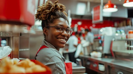 Photo of smiling young stuff aprons selling in fast food restaurant, African American girl
