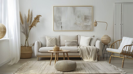 Luxurious Scandinavian Living Room Showcasing a Light Taupe Color Palette, Comfortable Armchairs, Abstract Paintings, and Natural Textures
