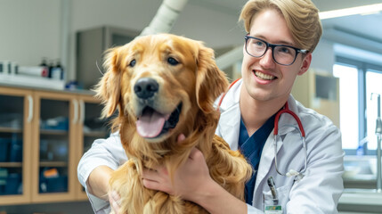 Young Veterinarian in Glasses Petting a Noble Healthy Golden Retriever Pet in a Modern