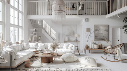 Luxurious Scandinavian Living Room with Mezzanine Level, White Walls, Statement Chandelier, and Plush Seating
