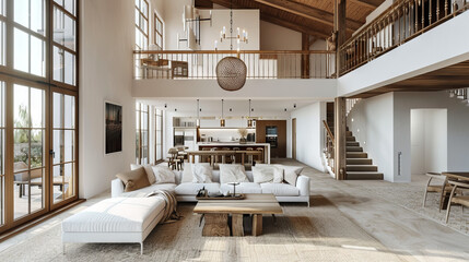 Luxurious Scandinavian Living Room with Mezzanine Level, White Walls, Statement Chandelier, and Plush Seating
 - obrazy, fototapety, plakaty