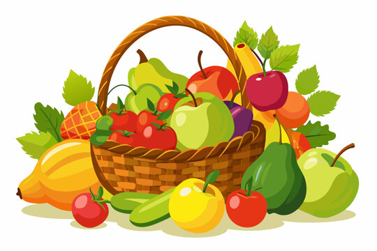 Free vector ripe fruits and vegetables  falling in traditional wicker basket with handle realistic composition with pear  white plain background