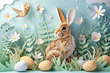 Obraz premium A textile Easter bunny with a paper cut design, surrounded by eggs and flowers on a background. This artistic piece showcases the beauty of rabbits and hares, perfect for the spring event AIG42E