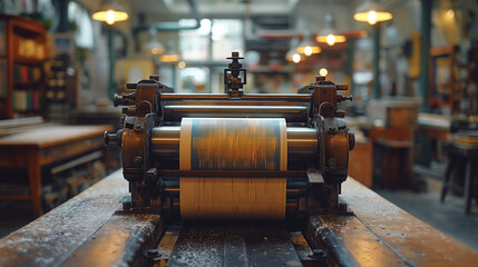 Printing Press Symphony: In the depths of the publishing house, the rhythmic hum of the printing press fills the air as pages fly off the presses, bound for bookstores and librarie - obrazy, fototapety, plakaty