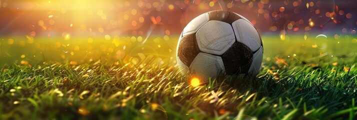 Professional Soccer Ball on Lush Green Grass Field with Sunbeams and Blurred Stadium in Background
