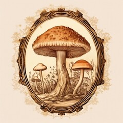 A drawing of three mushrooms with a large mushroom in the middle. The mushrooms are surrounded by a frame and the background is a mix of brown and white. Mushroom sticker