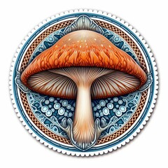 A mushroom is the main focus of this image, which is a round sticker with a blue and brown design. The mushroom is surrounded by a pattern of dots and lines, giving it a whimsical. Mushroom sticker