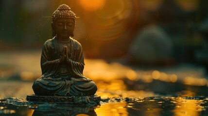 Serene Buddha Statue Sitting in Peaceful Zen Landscape with Tranquil Reflection on Water - obrazy, fototapety, plakaty