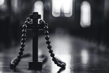 Rosary Beads and Cross in Contemplative Spiritual Setting
