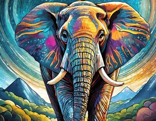 African Elephant Surreal Mosaic Vibrant African Landscape: Mountains, Forests, and Poppy-Filled Skies - obrazy, fototapety, plakaty